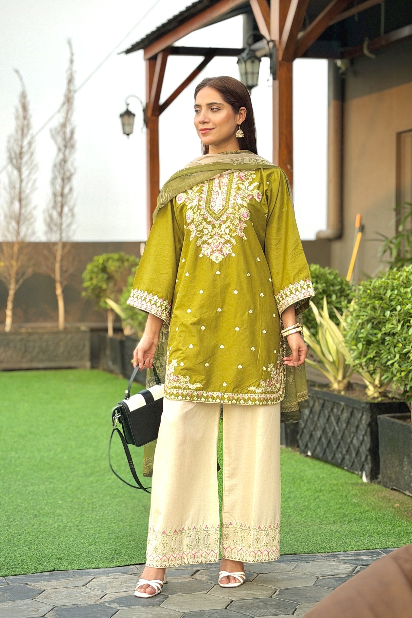 Olive Green Embroidered 3 Piece Cotton Suit