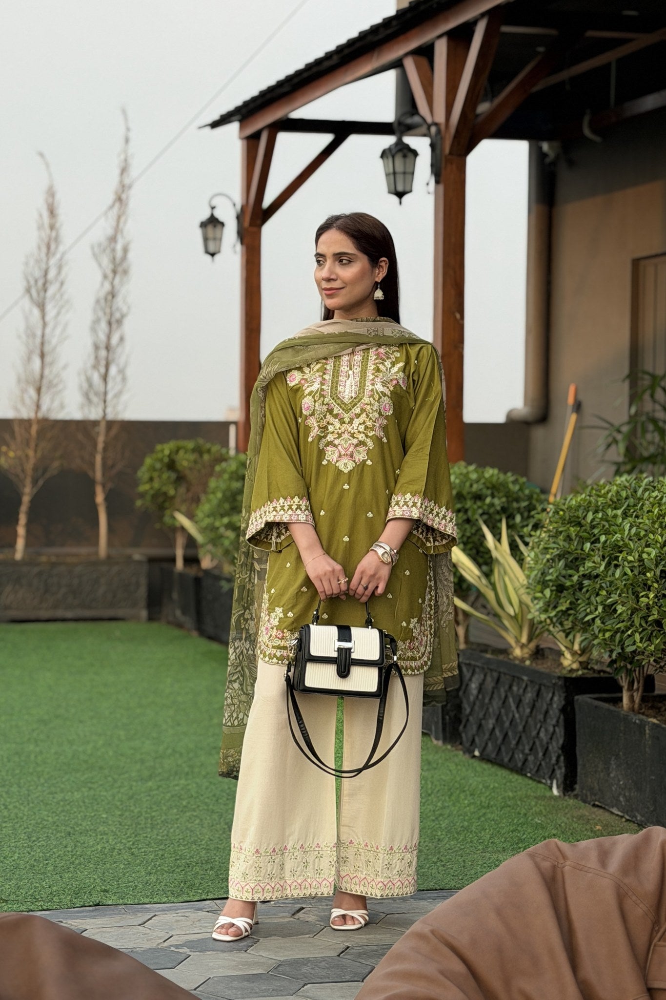Olive Green Embroidered 3 Piece Cotton Suit