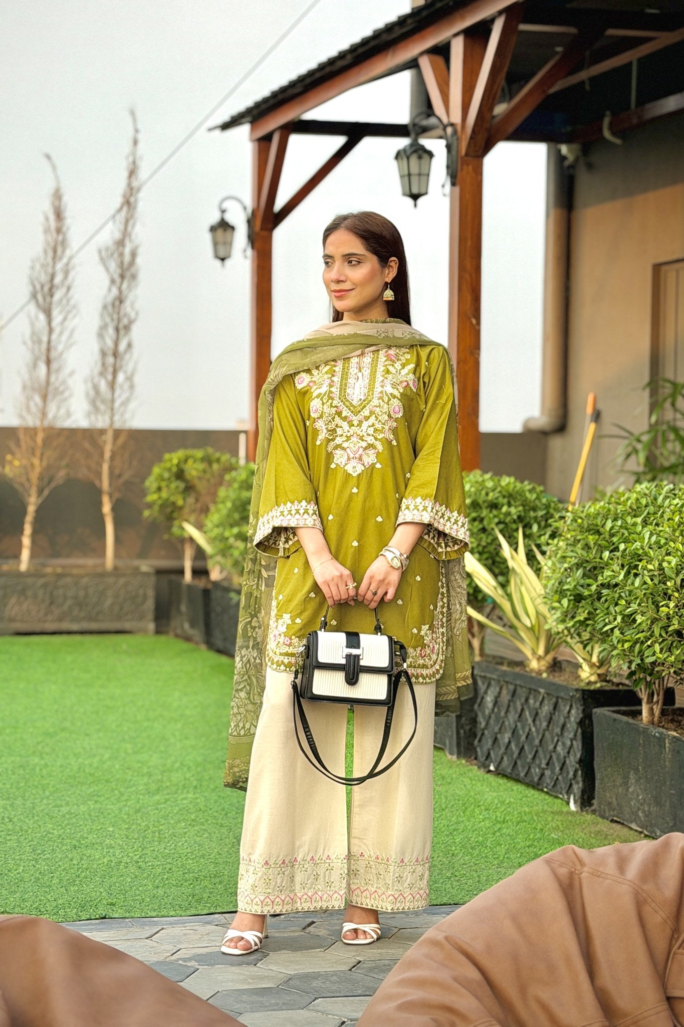 Olive Green Embroidered 3 Piece Cotton Suit