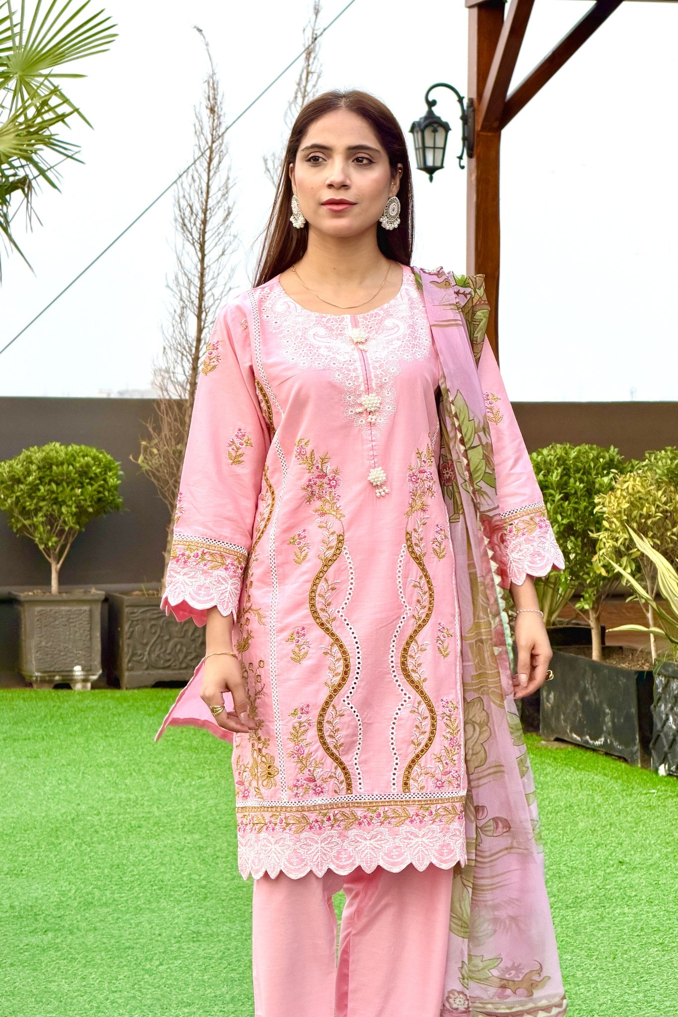 Pink Embroidered 3 Piece Cotton Suit