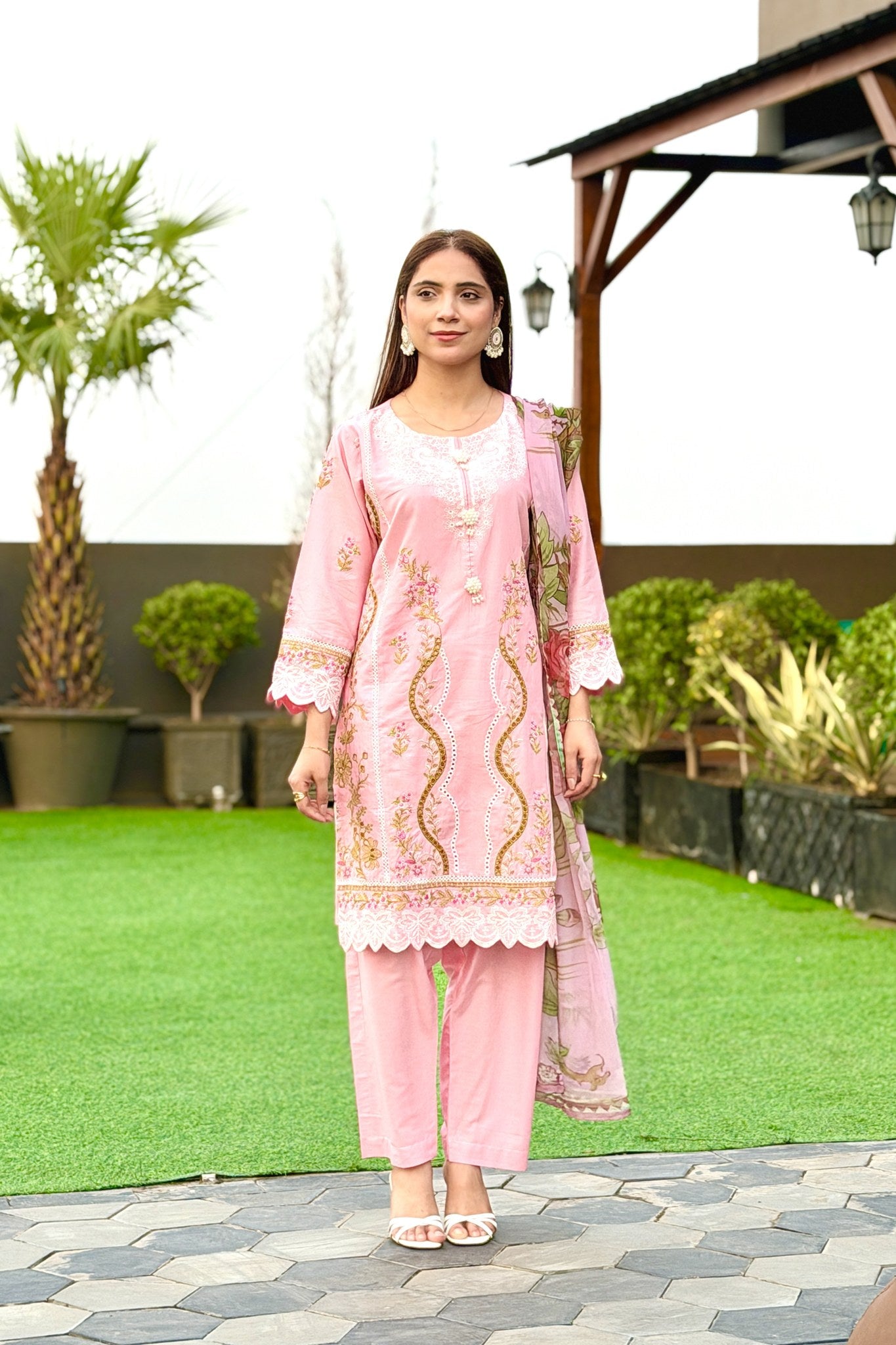 Pink Embroidered 3 Piece Cotton Suit