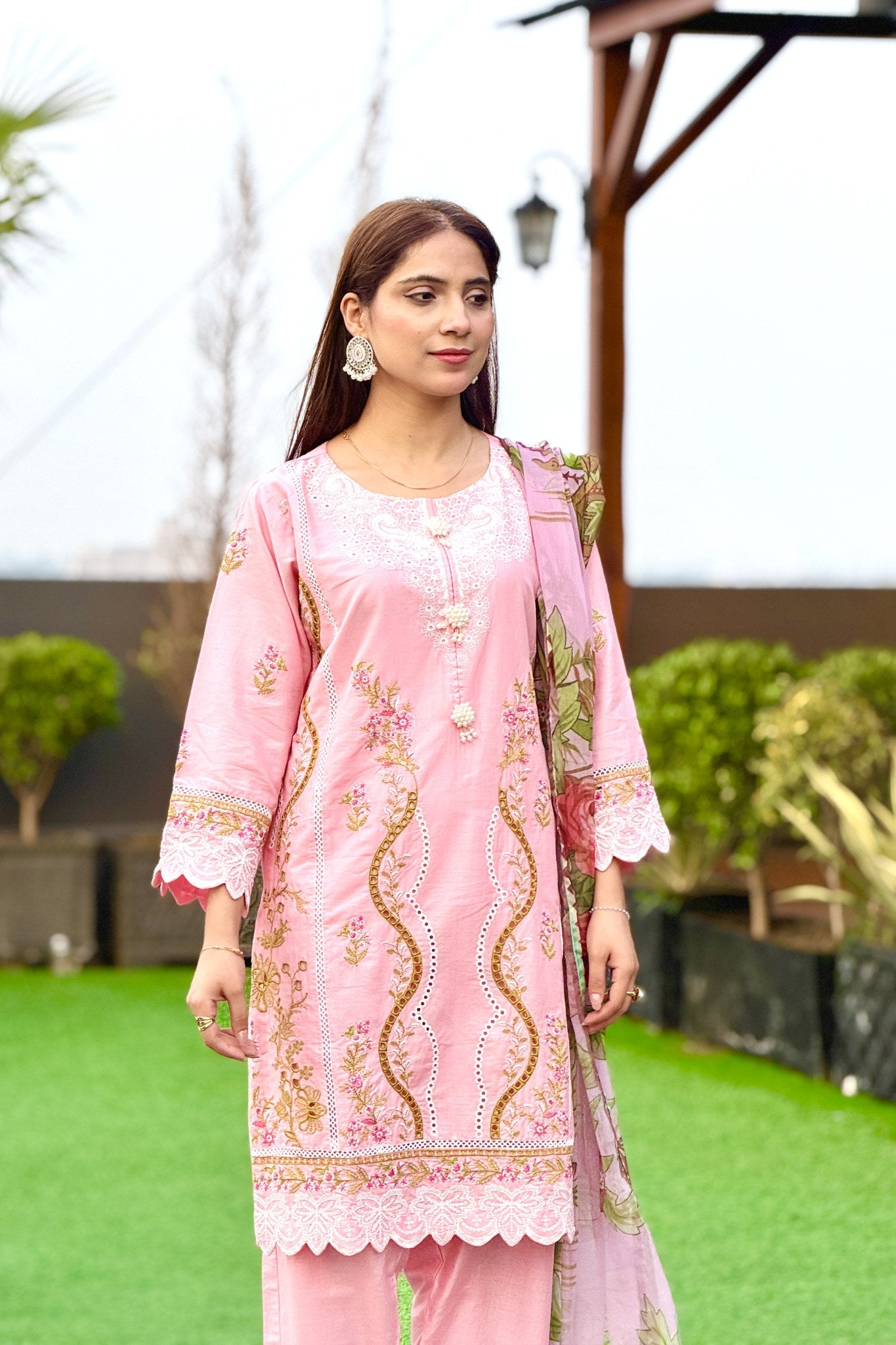 Pink Embroidered 3 Piece Cotton Suit