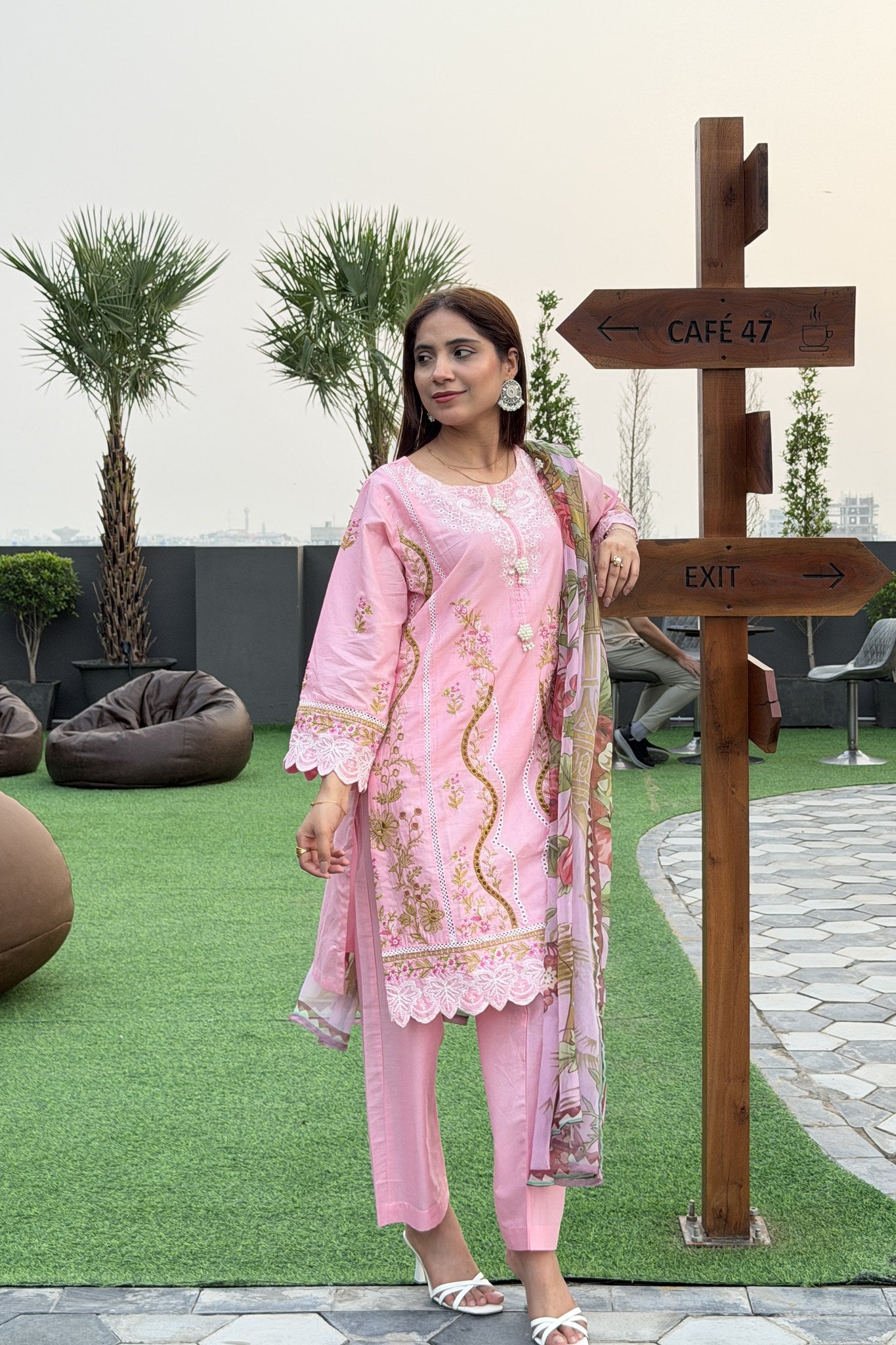 Pink Embroidered 3 Piece Cotton Suit