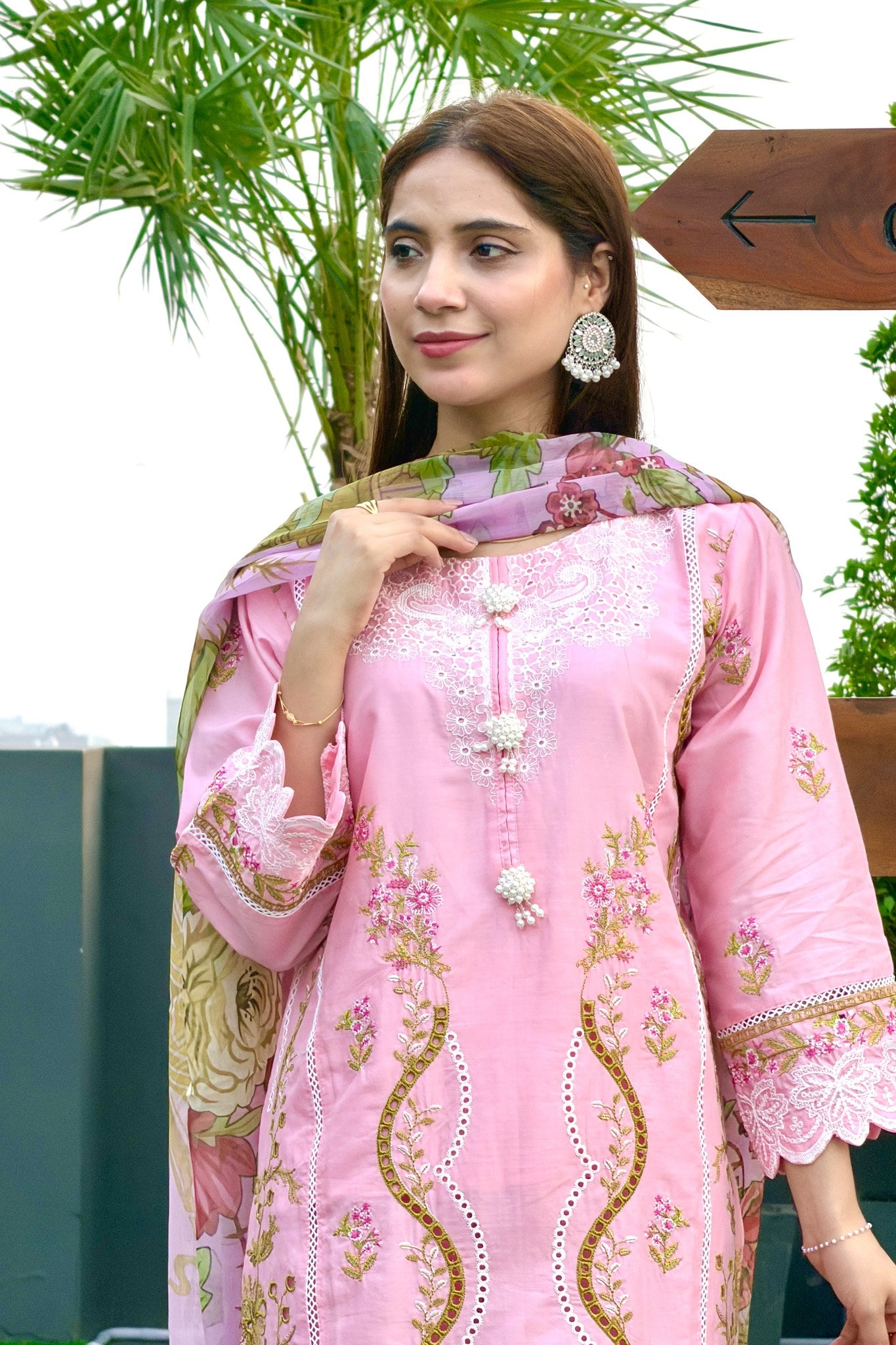 Pink Embroidered 3 Piece Cotton Suit