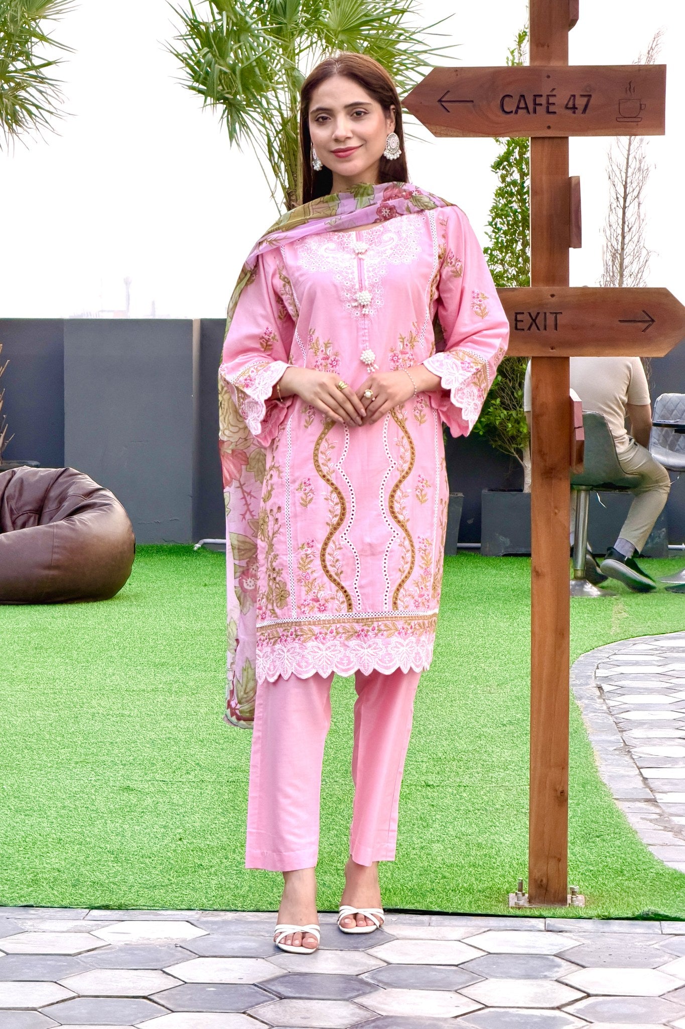Pink Embroidered 3 Piece Cotton Suit