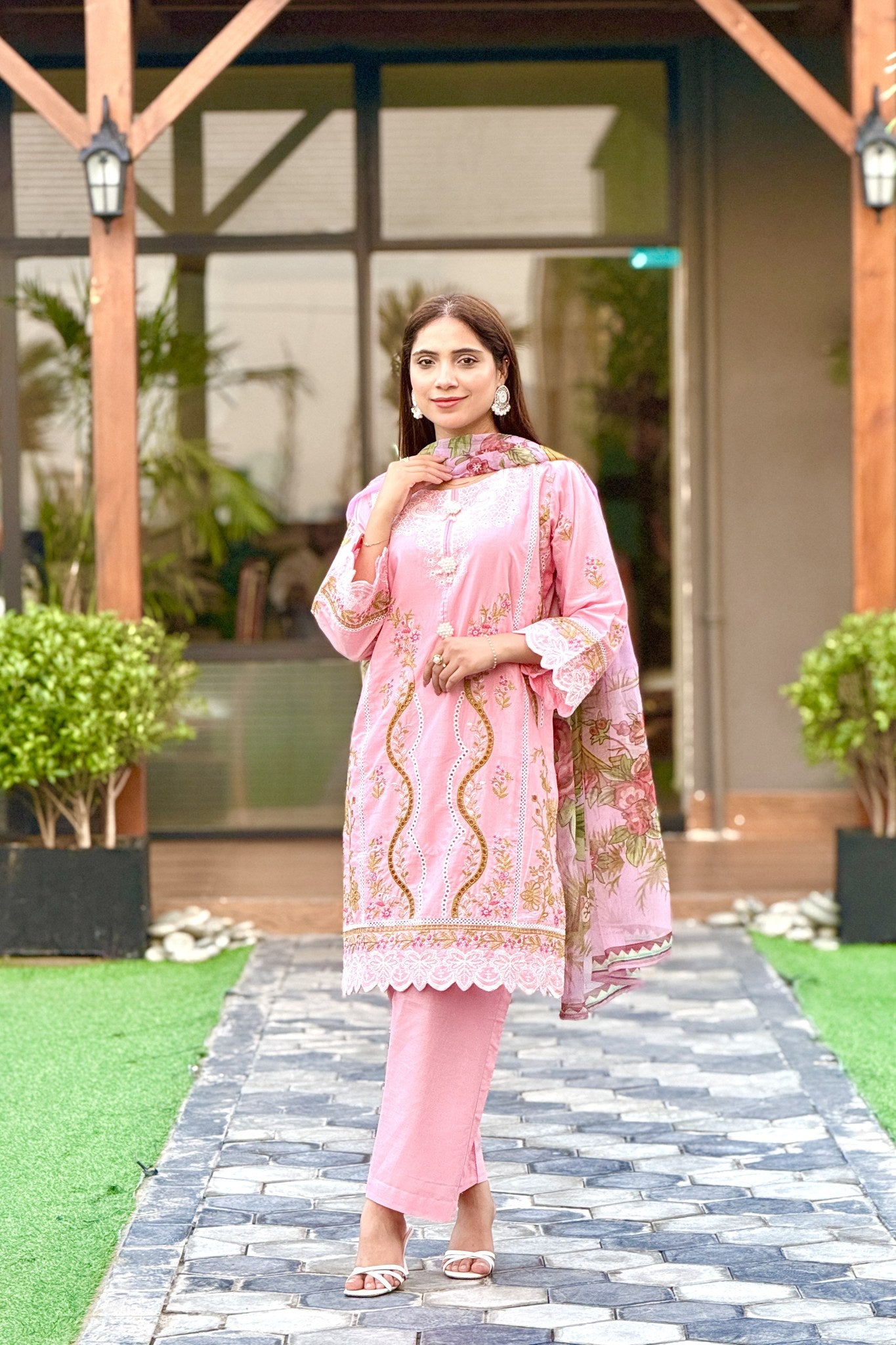 Pink Embroidered 3 Piece Cotton Suit