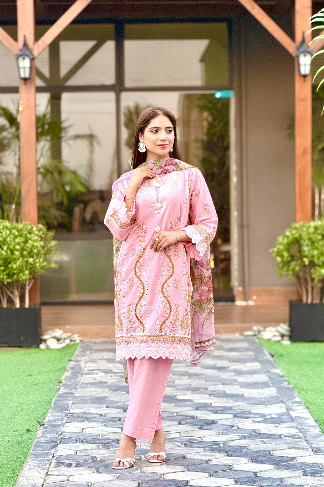 Pink Embroidered 3 Piece Cotton Suit